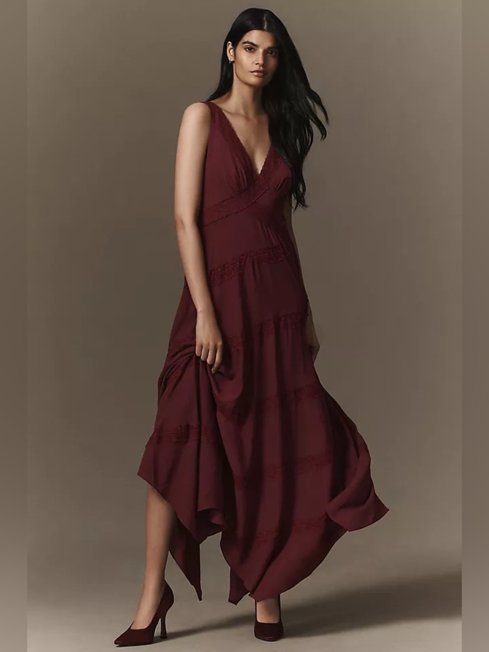 BHLDN Gracie V-Neck Lace Georgette Ruffle Maxi Dress Maroon Medium